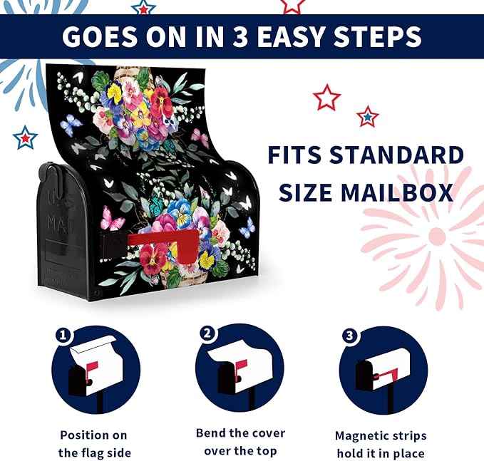 Summer Flower Mailbox Covers Magnetic Pansy Floral Mailbox Post Cover Black Colorful Pansies Butterfly Mail Box Wraps Waterproof for Garden Yard Standard Size 21x18 Inch