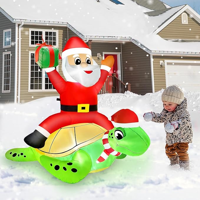 AMENON 5 FT by 4 FT Christmas Inflatables Santa Claus Ride on Sea Turtle Christmas Blow Up Yard Decorations Christmas Decorations Outdoor Built-in LEDs Xmas Decor Party Outside Holiday Lawn Garden