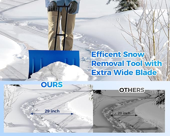 Garvee 29" Snow Pusher Shovel with Wheels,Heavy Duty Steel Snow Shovel with Wheels,Angled Blade Efficient Snow Removal With5-Position Angled Blade & Adjustable Handle for Doorway, Sidewalk, Blue