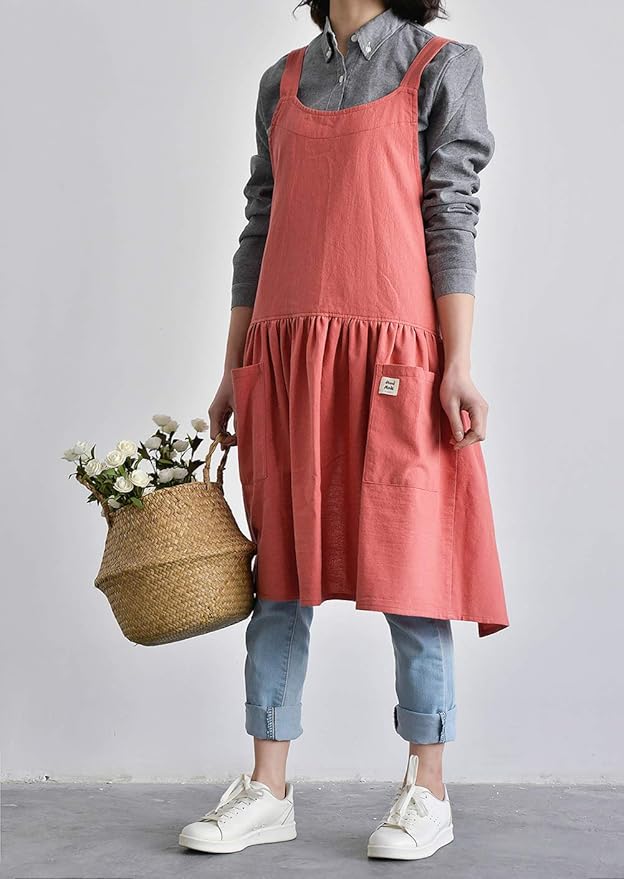 NEWGEM Cotton Linen Cross Back Apron for Women with Pockets for Painting Cleaning Grapefruit Red with Waist Ties