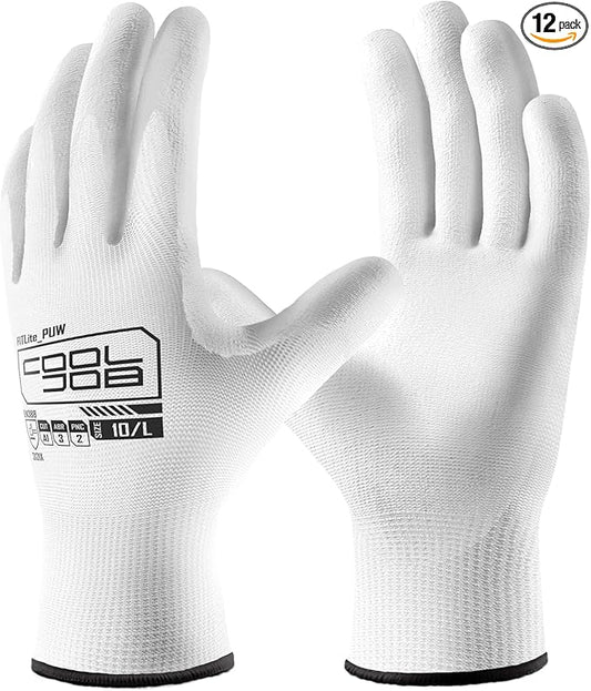 COOLJOB 12/60 Pairs Safety Work Gloves Pack Bulk with Grip PU Coating, 13 Gauge Seamless Knit Gloves with Polyurethane Dipped for Warehouse Working, Breathable Lightweight for Men Women, White Small