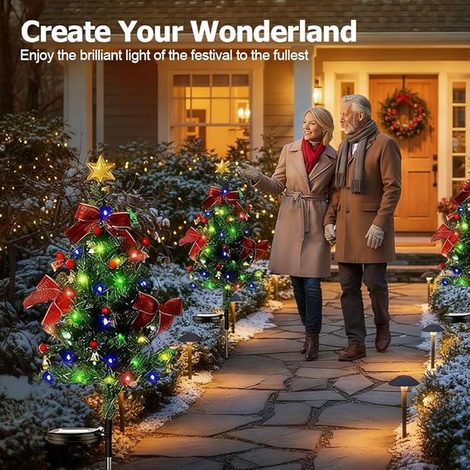 Solar Christmas Trees for Outside, Waterproof Solar Powered Christmas Tree Garden Stake Lights for Outdoor Pathway, Yard & Patio Holiday Decorations (3PC)