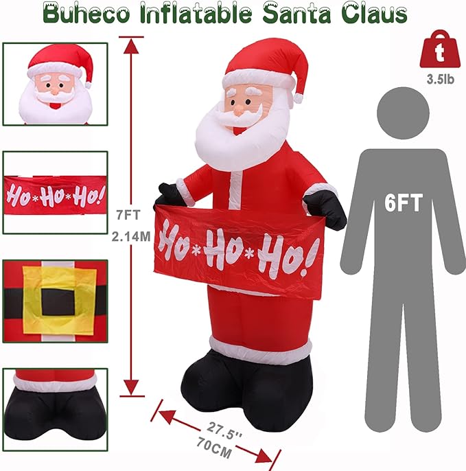 Buheco Christmas Inflatables Outdoor Decorations, 7FT Tall Inflatable Santa Claus Giant Blow Up Xmas Yard Decor with LED Lights for Indoor Holiday Vacation Party Outside Lawn Garden