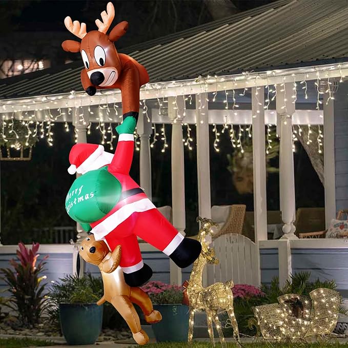 7.5 Ft Christmas Inflatable Outdoor Decoration, Hanging Christmas Inflatables Climbing Santa with Reindeer and Dog, Blow Up Inflatable with Build-in LEDs for Xmas Party Roof Yard Garden Lawn Decor