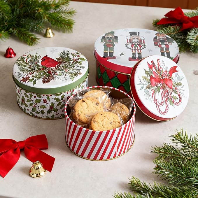 Christmas Cookie Tin Set of 3 Decorative Metal Storage Tin Boxes with Lids for Home Decor Memory Boxes for Keepsakes and Photos(GreenRed)