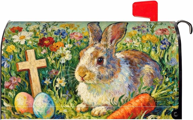 Spring Easter Mailbox Covers Magnetic Standard Size Cute Bunny Rabbit Colorful Floral Cross Egg Carrot Holiday Outdoor Seasonal Decorative Letter Box Cases for Home Garden Outside Decor, 21x18 Inch