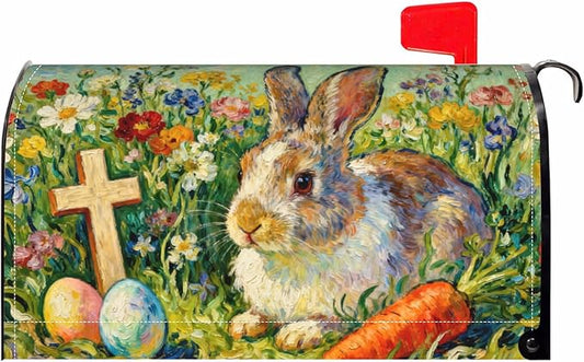 Spring Easter Mailbox Covers Magnetic Standard Size Cute Bunny Rabbit Colorful Floral Cross Egg Carrot Holiday Outdoor Seasonal Decorative Letter Box Cases for Home Garden Outside Decor, 21x18 Inch