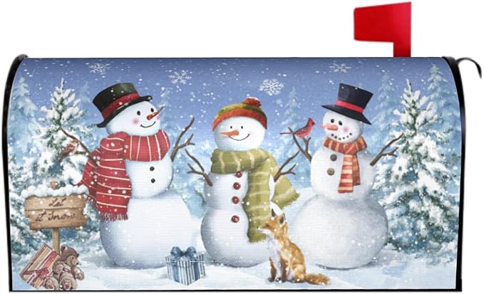 Winter Blue Mailbox Covers Magnetic Standard Size 18 x 21 Inch Snowman Tree Fox Bear Letter Box Cover Outdoor Mail Wraps Cover for Garden Home Yard Decor