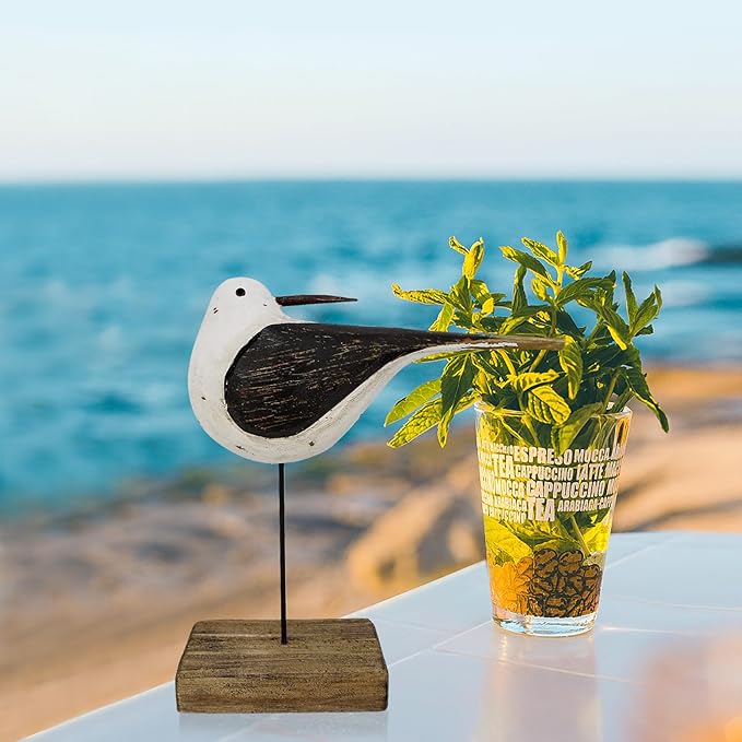 Aecipl Wooden Sea Bird Statue Seagull On Stand Decor Nautical Coastal Birds Sculpture Indoor Outdoor Animal Figurine Beach Themed Decoration Rustic Home Art for Bedroom Garden (G)