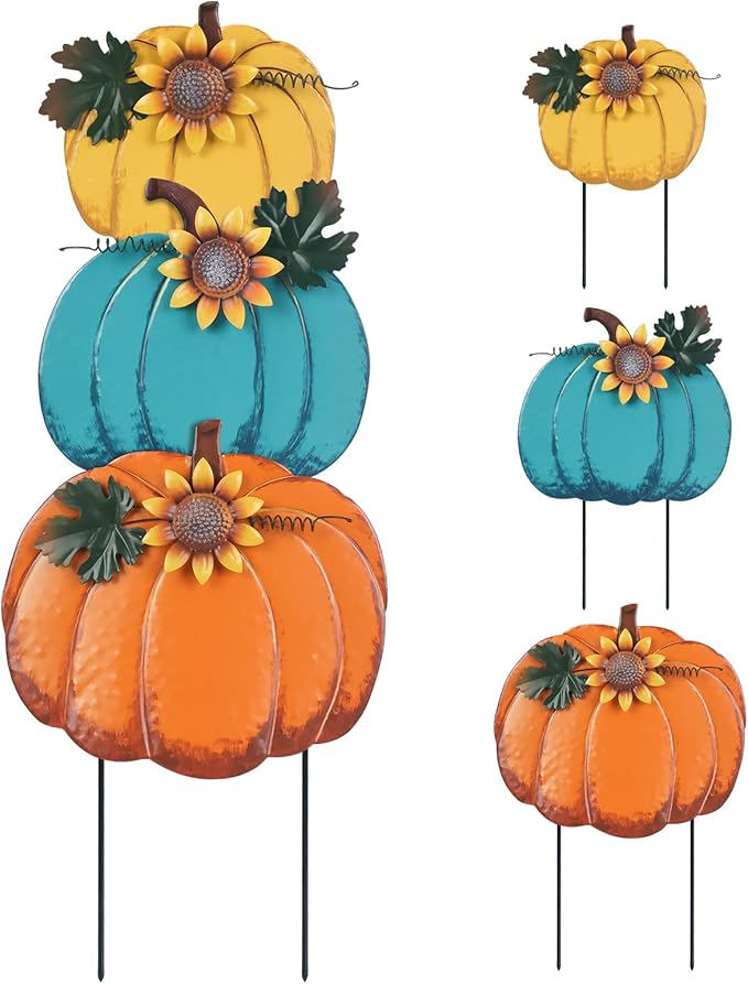 PHITRIC Fall Decorations for Home Outdoor, 3 Stacked Pumpkins Decorative Garden Stakes for Fall Decor, Metal Yard Signs for Outside Garden Yard Porch Lawn Thanksgiving Decorations