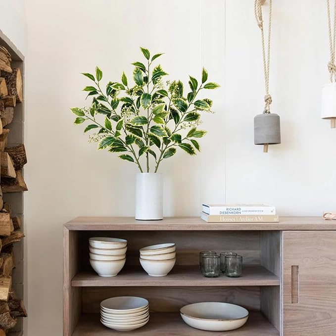 31.1" Artificial Ficus Branches Fake Leaf Stem with Seeds 3Pcs Long Faux Green Eucalyptus Branches Fake Plants for Home Bedroom Office Wedding Vase Table Centerpiece Decor