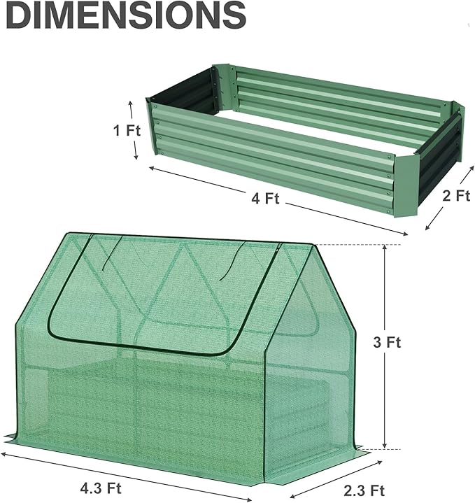 Aoodor Raised Garden Bed Kit, 4x2x1 FT Galvanized Planter Box with PE Cover, Screen Windows for Gardening, Green