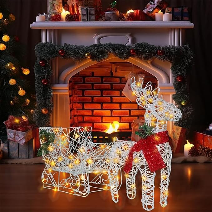 Lighted Reindeer & Sleigh Christmas Decor, 17" Pre-lit Rattan Deer 3D Holiday Displays, 70 Warm White LED, Indoor/Outdoor Yard Decoration, Easy Assembly & Durable Frame, White
