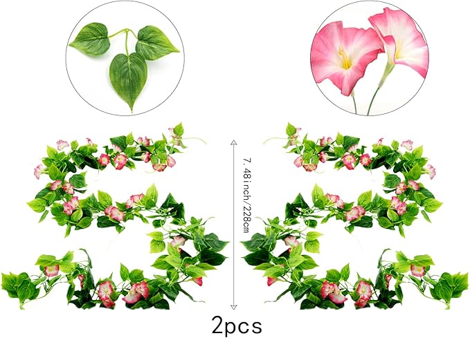 FERIAL Artificial Vines Rosered Morning Glory Vine Artificial Flowers Hanging Plants Garland Fake Green Plant for Wall Fence Indoor Wedding Banquet Decor