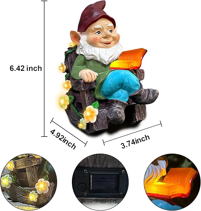 Solar Garden Gnome Statues Outdoor, Fairy Christmas Rocking Chair Gnomes Reading Book Succulents Figurines Lights Yard Art Sculpture Home Decor for Outside Patio Balcony Lawn, Unique Loved One Gifts