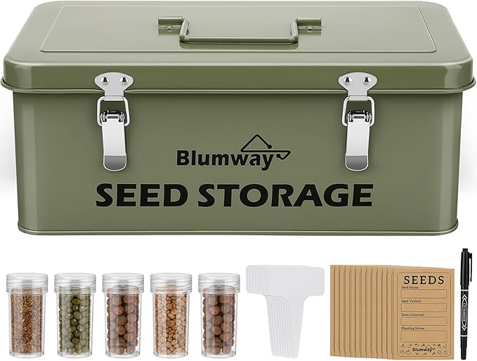 BlumWay Seed Storage Organizer, Metal Seed Saving Box with Lid, Seed Storage Container with Safety Locks, 4 Compartments Seed Packet Organizer, Garden Seed Bin for Plants Flower- Green