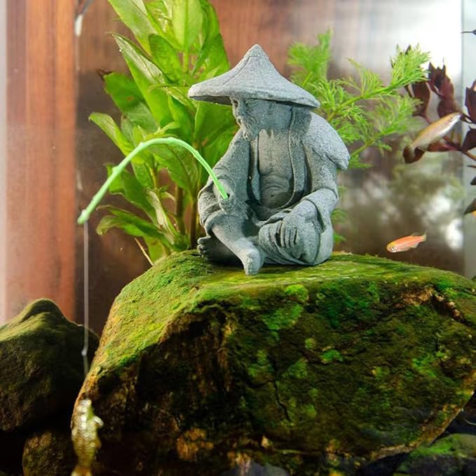 livelyfish Mini Fisherman Statue Asian Zen Decoration Sitting Fishing Figurines Sandstone Vintage Ornament for Aquarium Fish Tank Pot Garden Home Japanese Decor, C