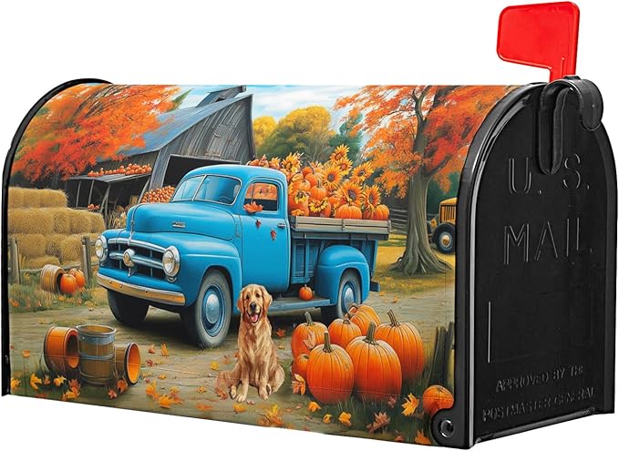 Fall Truck Mailbox Cover Magnetic 25.5"x21" Autumn Maple Tree Leaf Pumpkins Sunflower Farm Puppy Mailbox Wrap Post Cover Large Size Waterproof for Garden Yard Outdoor Outside Decor
