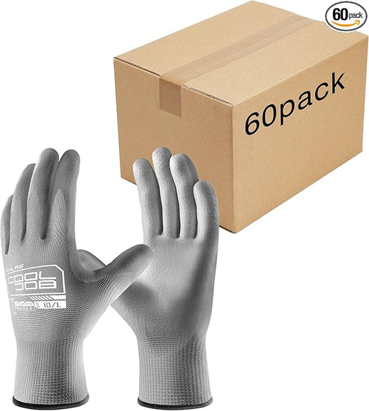 COOLJOB 60 Pairs Safety Work Gloves Pack Bulk with Grip PU Coating, 13 Gauge Seamless Knit Gloves with Polyurethane Dipped for Warehouse Working, Breathable Lightweight for Men Women, Grey Small