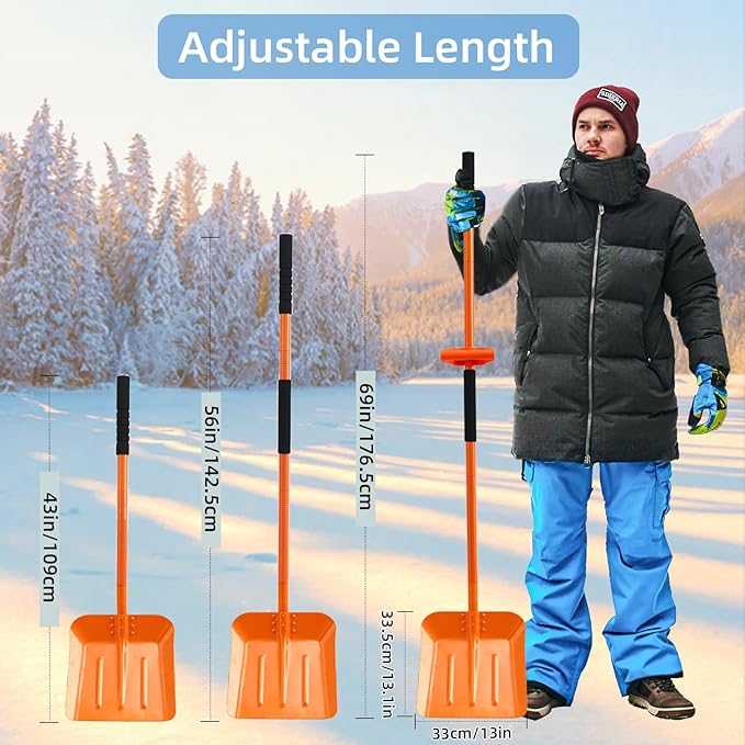 Snow Shovel, 69 Inch Adjustable Handle Snow Shovel for Driveway Large Capacity Shovel with Ergonomic Back-Saving Tool Handle for Car Emergency Camping Garden, Orange