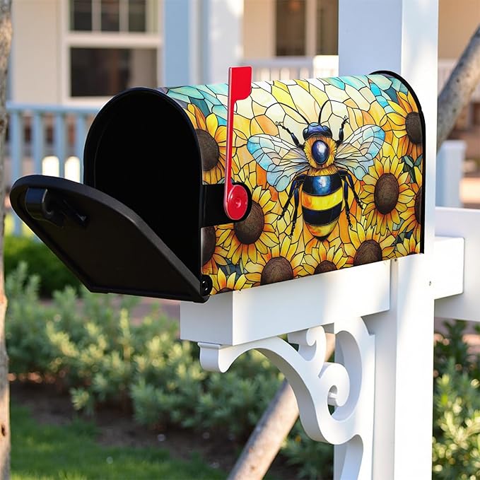 Summer Bee Mailbox Covers Magnetic Sunflower Mail Box Cover Fall Flower Mailbox Wraps for Outside Garden Yard Autumn Flower 25.5x21 inch