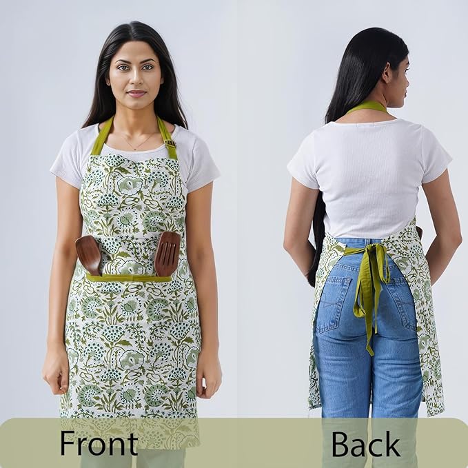 CPC Cotton Floral Kitchen Apron for women with Pocket and Adjustable Neck Ties. Apron for Women Men Chef-Hand Block Printed
