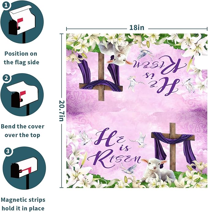 He is Risen Mailbox Cover Magnetic, Easter Cross Lamb Mailbox Wrap 21x18 Inch, Spring Lily Flowers Standard Size Waterproof Letter Post Cover for Yard Garden Outdoor Outside Home Decor