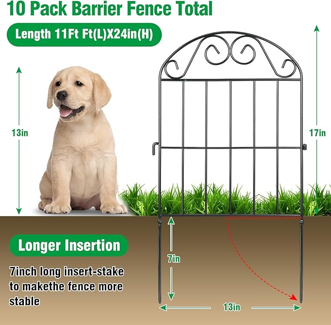 ADAVIN 10 Panels Collapsible Garden Fence Animal Barrier Fence,11ft(L) x 24in(H) Black Rustproof Metal Wire Panel Border for Dogs Rabbits, Flower Edging for Landscape Patio Yard Outdoor Decor, Arched