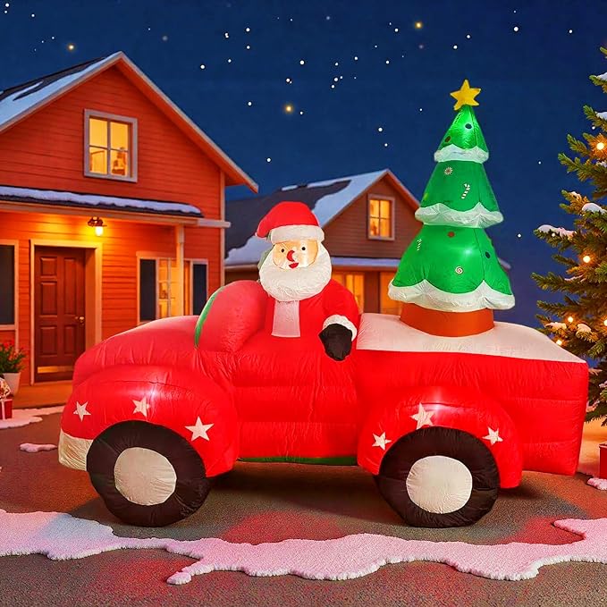 8 FT Christmas Inflatables Santa Claus in Sleigh with Two Reindeer Outdoor Decorations Blow Up Yard Santa Claus with Built-in LEDs (Santa Claus Outdoor Decorations)