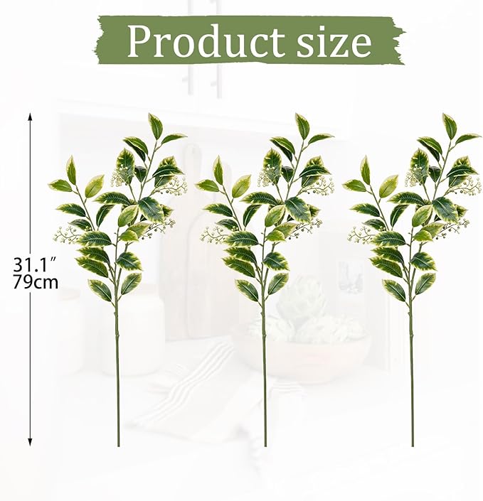 31.1" Artificial Ficus Branches Fake Leaf Stem with Seeds 3Pcs Long Faux Green Eucalyptus Branches Fake Plants for Home Bedroom Office Wedding Vase Table Centerpiece Decor