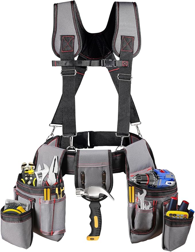 Tool Belt with Suspenders, Professional Tool Belt for Men, 18-Pocket Adjustable Heavy Duty Tool Organizer for Electrician, Carpenter, Framer, Construction Worker, Gray & Orange (32''–66'')