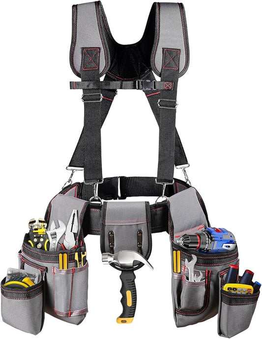 Tool Belt with Suspenders, Professional Tool Belt for Men, 18-Pocket Adjustable Heavy Duty Tool Organizer for Electrician, Carpenter, Framer, Construction Worker, Gray & Orange (32''–66'')