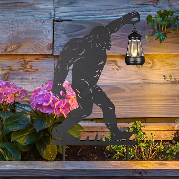 2Pack Solar Outdoor Garden Lights Stakes Solar Metal Bigfoot Lawn Deco Statue Black Bigfoot Patio Garden Decorative Stakes with Lantern Christmas Birthday Gifts for Women Mom and Grandma