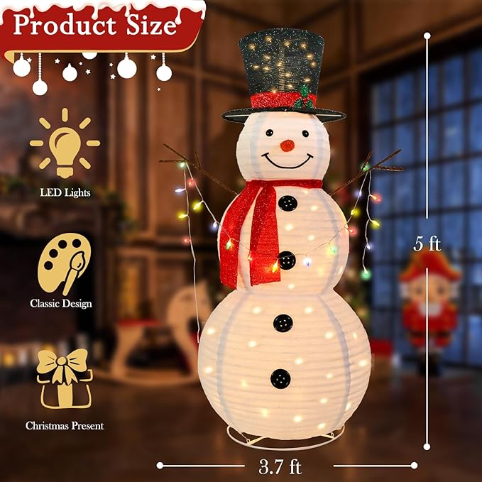 5 FT Lighted Christmas Snowmen Outdoor Decorations with 100 Warm White LED Lights Pre-lit 3D Glittered Snowmen for Lawn Yard Garden Yard Xmas Decor