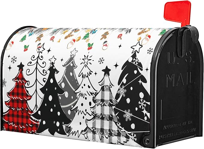 Xmas Trees Mailbox Cover Magnetic 25.5"x21" Red Black Buffalo Plaids Falling Snowflakes Winter Collection Mailbox Wrap Post Cover Large Size for Yard Garden Outside Holiday Decor