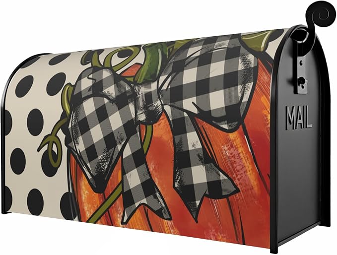 Fall Large Mailbox Covers Magnetic Oversized Pumpkin Autumn Polka Dot Plaid Thanksgiving Mailbox Wraps Holiday Theme Outdoor Decorative Letter Box Cases for Home Garden Outside Decor, 25.5x21 Inch