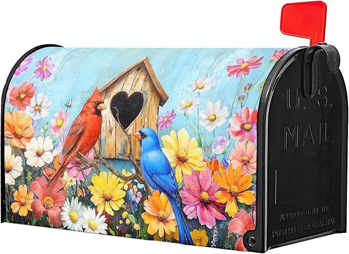 Spring Summer Birds Mailbox Cover Magnetic Standard Size 21x25.5 Inch Welcome Floral Mailbox Wraps Post Box Cover Decoration Outdoor Garden Home Yard Outside