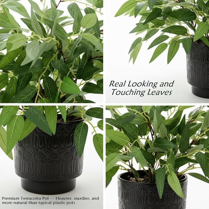 17.7" Tall Fake Plant Green Willow Leaves Artificial Indoor Faux Plant in Textured Black Ceramic Pot Realistic Decorative Plant for Home Office Bathroom Kitchen Bookshelf Small Space