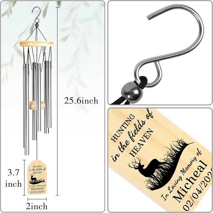 Hunting in Heaven Wind Chime - Personalized Hunter Memorial Sympathy Gift for Loss of Grandpa or Father - Bereavement and Condolence Funeral Gift