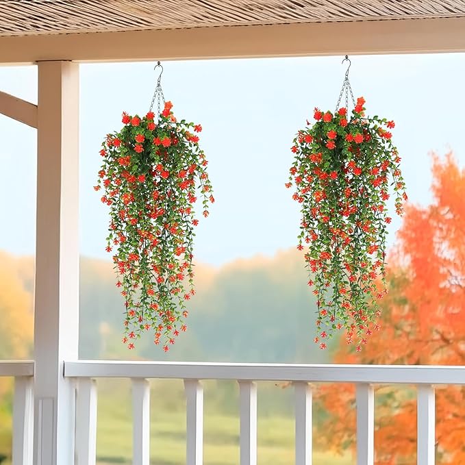 WEISPARK Artificial Hanging Flowers, 4pcs Fake Eucalyptus Vine Faux Flower Greenery Garland Plastic Plants for Indoor Outdoor Wall Garden Wedding Home Party Decor (Orange-4pcs)