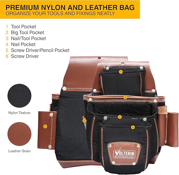 Leather & Nylon Tool Belt for Men – Heavy Duty 22-Pocket Framer’s Tool Bag for Carpenters & Electricians (Black, One Size)