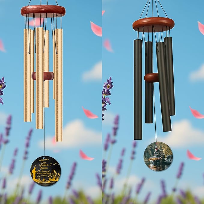 Personalized Fishing Memorial Wind Chime with Photo – “Someone We Love is Fishing in Heaven” Custom Name, Years & Picture – Outdoor Sympathy Gift for Fishermen – in Loving Memory Remembrance Chime