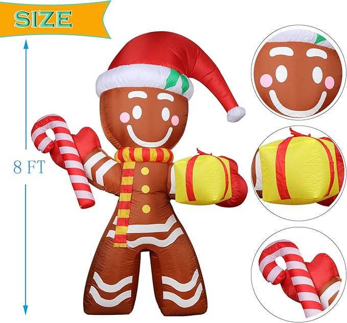 8FT Inflatable Gingerbread Man Outdoor Christmas Decoration,Built-in LED Lights Blow Up for Yard, Gardern, Lawn, Indoor Xmas Holiday