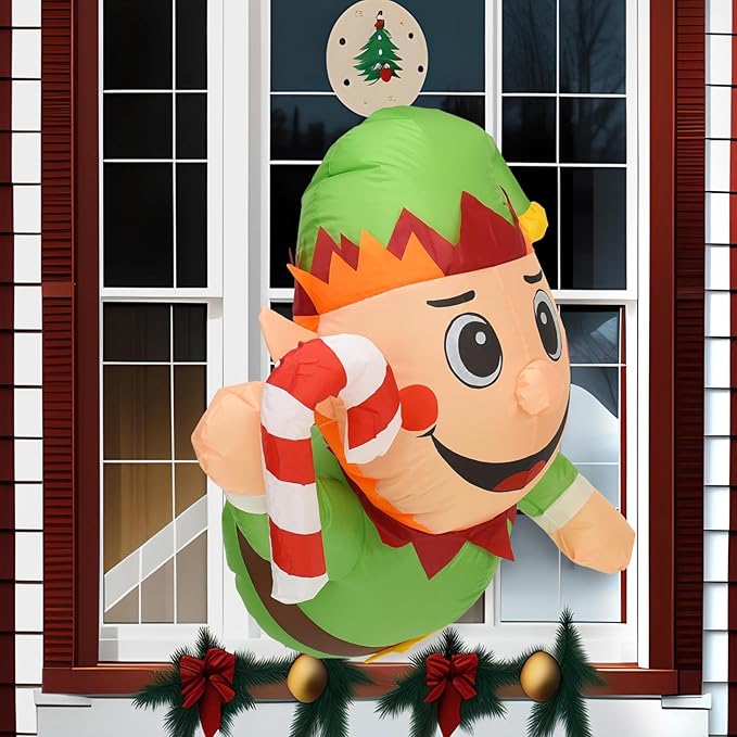 DearSun 3.0FT Christmas Inflatable Elf Boy with Build-in LED Lights Broke Out from Window, Blow up Christmas Inflatable Outdoor Indoor Decorations Cute Party Yard Decoration (Elf Boy Broke Window)