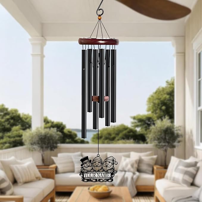 Personalized Customize Name Gnome Wind Chime, Metal Iron 37 Inch Outdoor Memorial Gift for Garden Yard Patio Home Decor, Black，Christmas (Style J)