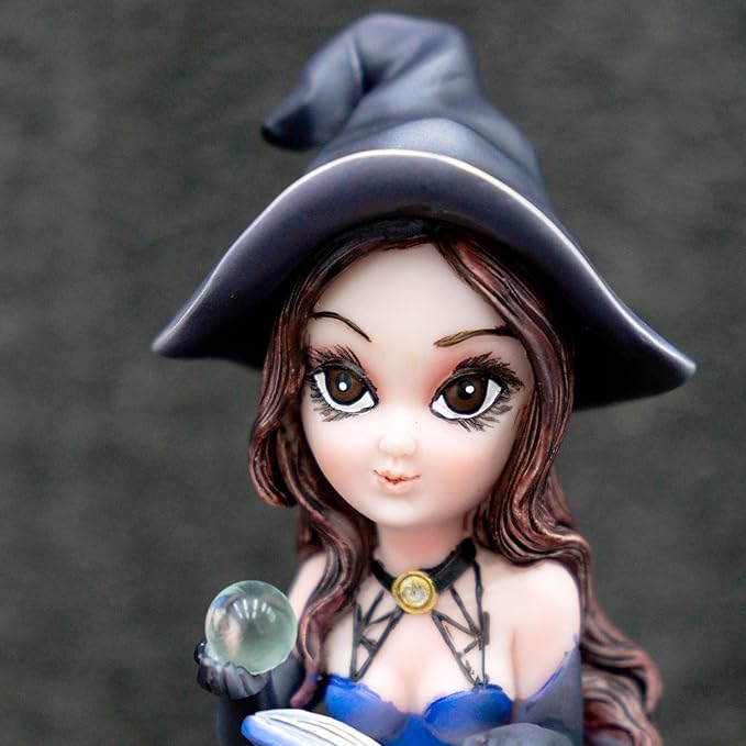 Fairy Figurine Set, Piece Decorative Collectible Statues Blue Witch Statue on Skull - Gothic Home Decor, Halloween Resin Sculpture Mystical Witch Figure with Black Hat & Detailing