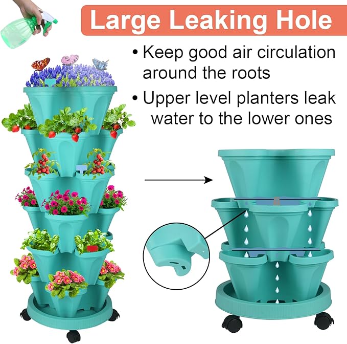 GameXcel Vertical Planter, 6 Tier Stackable Strawberry Planter with Garden Tool Set, Movable Indoor/Outdoor Garden Herb Pot for Growing Vegetables and Succulents, Teal