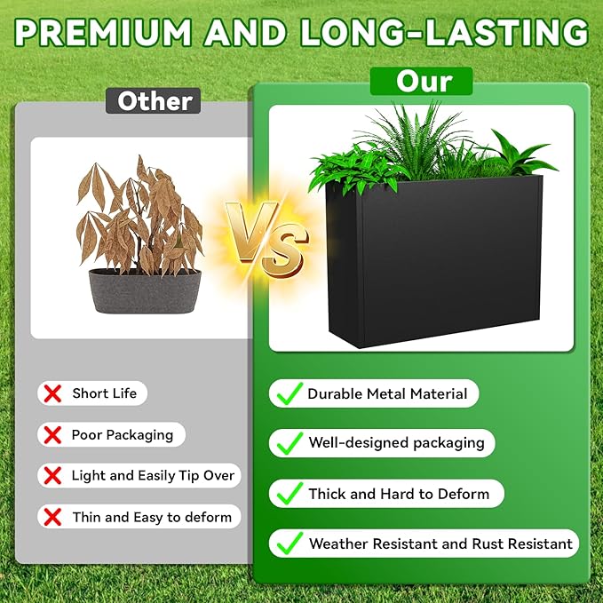 Metal Planter, 36L x 12W x 26H, Heavy Duty Tall Planters for Outdoor Plants, Black Planters with Removable Insert Shelf, Large Planters with Drainage Holes for Porch, Patio and Yard, Black