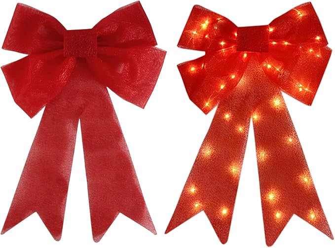 Christmas Bow Decorations Lighted Giant Christmas Bows Decoration 24 Inch Red Xmas Bows with LED Lights Xmas Tree Decorations Wreath Yard Décor Light for Indoor Outdoor Decor (2)
