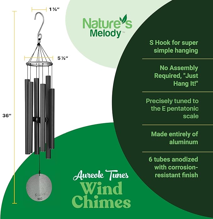 Nature’s Melody Aureole Tunes Wind Chimes – Outdoor Windchime with 6 Tubes Tuned to E Pentatonic Scale, 100% Rustproof Aluminum, Powder Finish & S Hook Hanger for Sympathy, Memorial Gift or Zen Garden